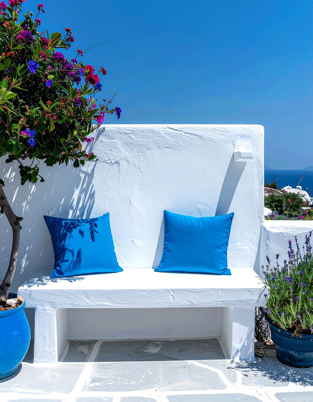 Integrated Stone Benches in a Greek Garden - 30 Greek Garden Ideas for a Mediterranean Oasis