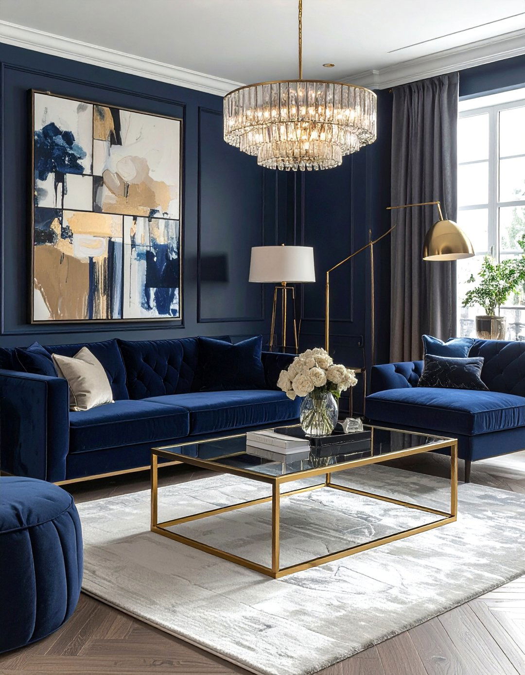 Integrating Brass and Gold Metallic Accents - 25 Navy and Cream Living Room Ideas for Timeless Elegance