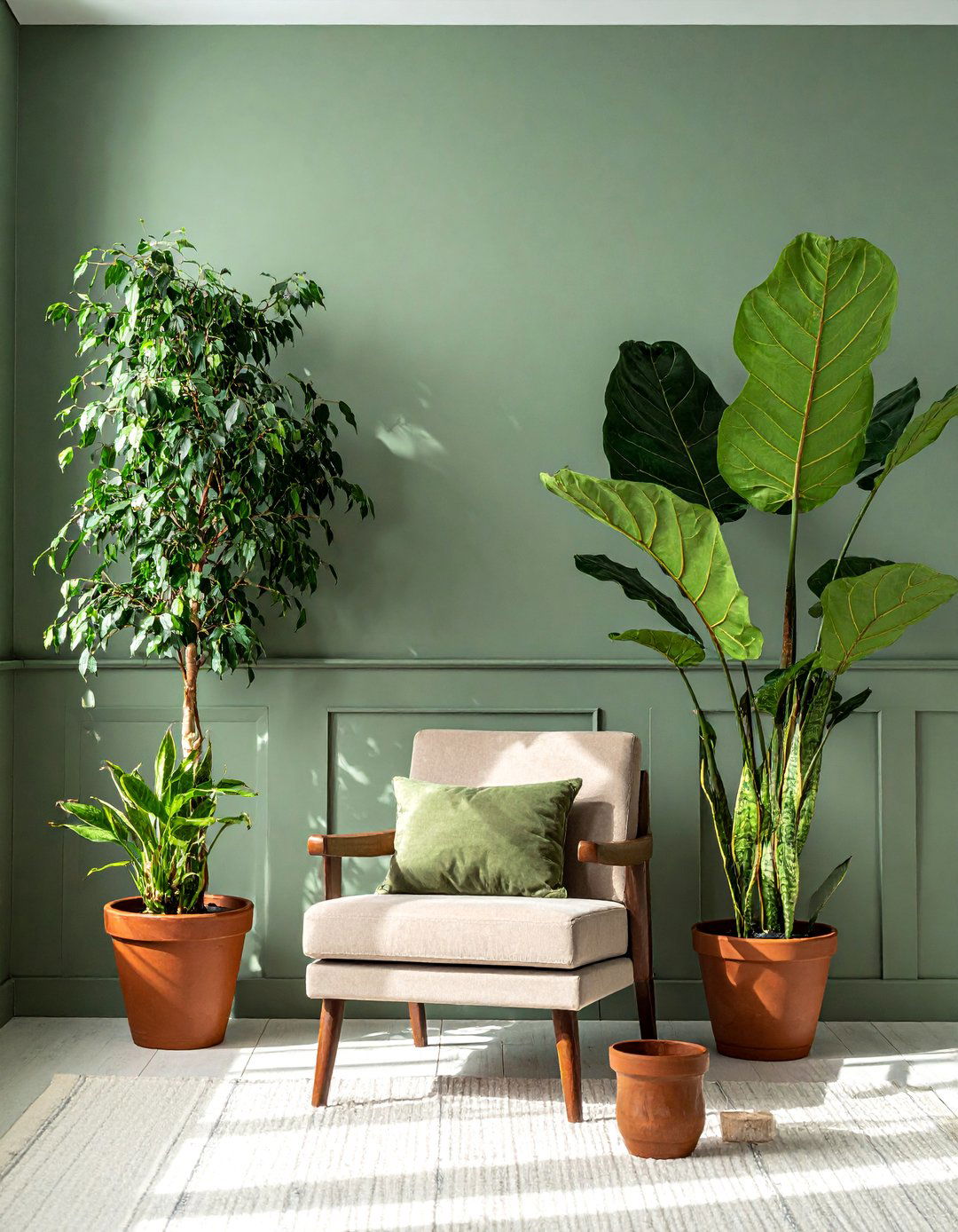 Integrating Houseplants with Green Foliage - 20 Sage Green and Brown Living Room Ideas for Balance