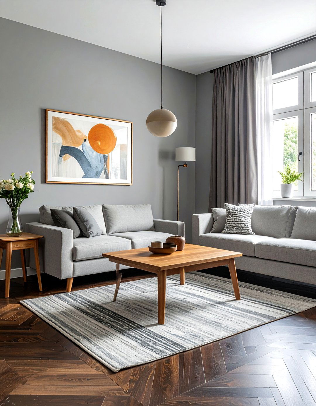 Integrating Natural Wood Tones - 20 Grey Living Room With Dark Wood Floors Ideas