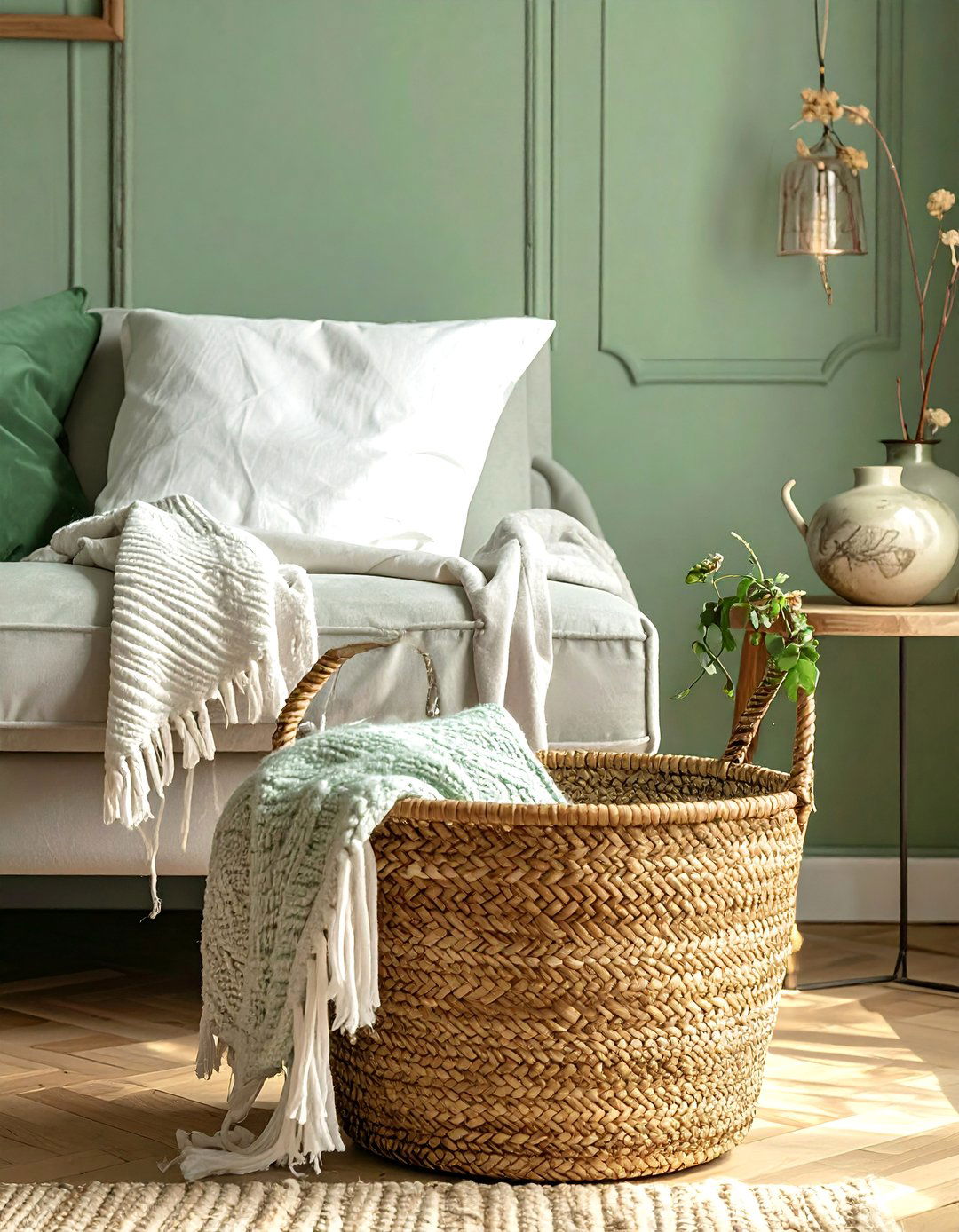 Integrating Woven Baskets for Storage - 25 Rustic Sage Green Living Room Ideas for Serenity