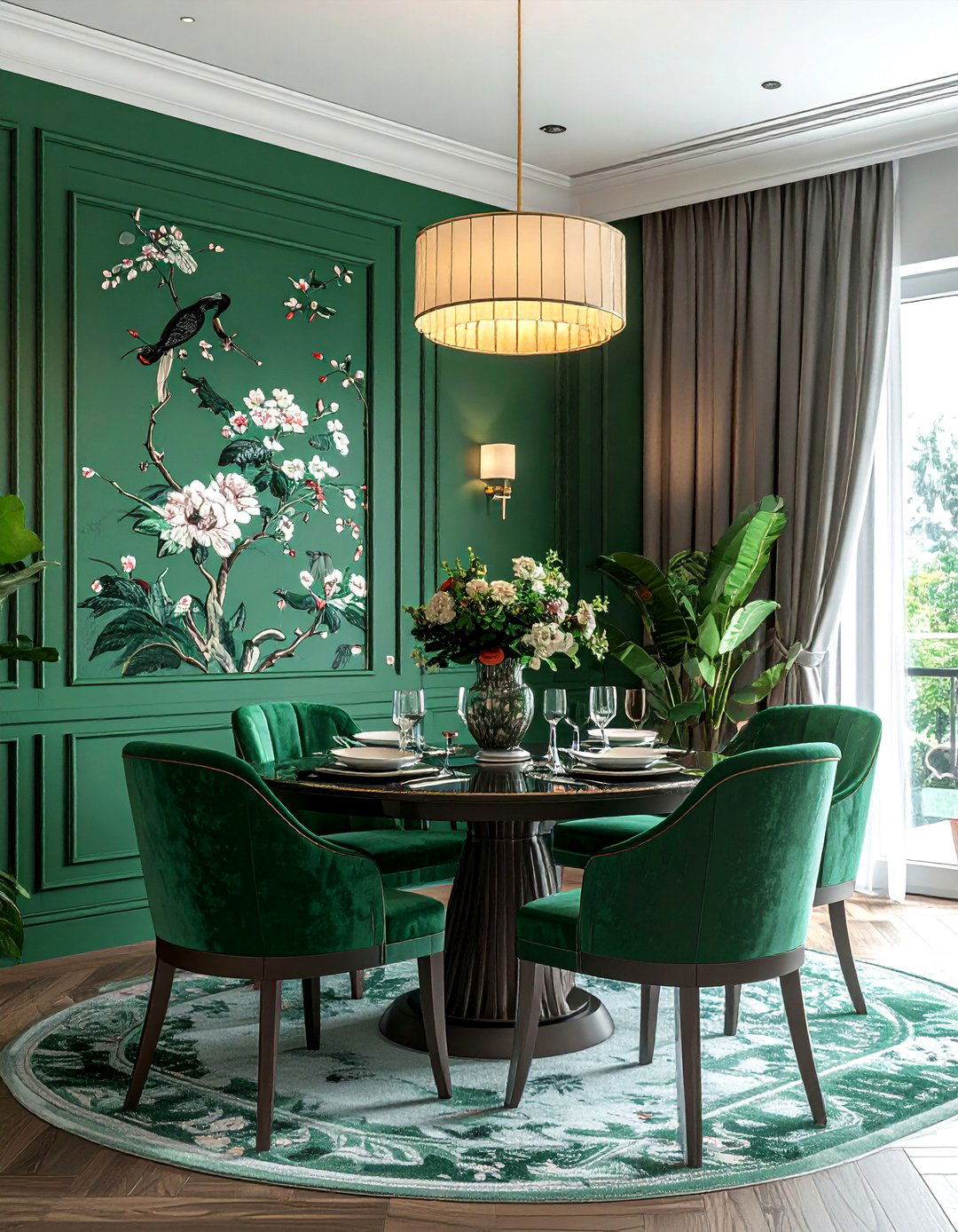 Jade Green Dining Room with Chinoiserie Panels - 40 Green Dining Room Ideas for a Fresh Look