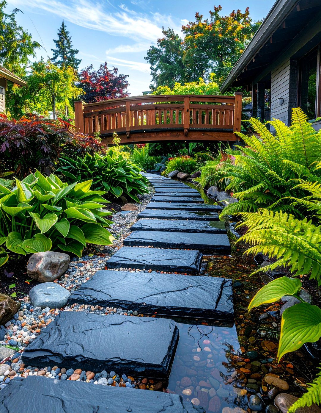 Japanese Inspired Slate Creek - 30 Front Yard Dry Creek Bed Landscaping Ideas