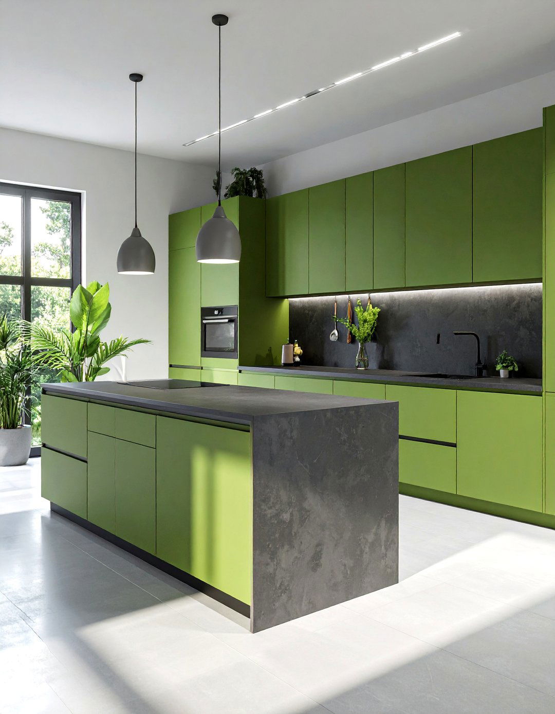 Juniper Green Cabinets with Black Concrete Countertops - 20 Green Kitchen Cabinets With Black Countertops Ideas