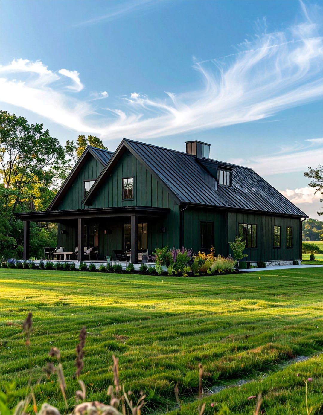 Juniper Green with Black Metal Roof - 40 Dark Green Exterior Paint Color Schemes for Bold Homes