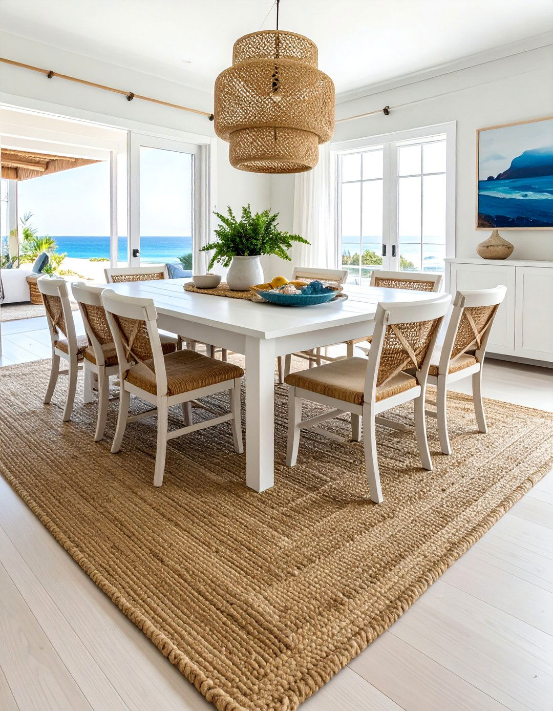 Jute or Sisal Rug in a Coastal Dining Room - 20 Coastal Dining Room Ideas for a Beachy Vibe