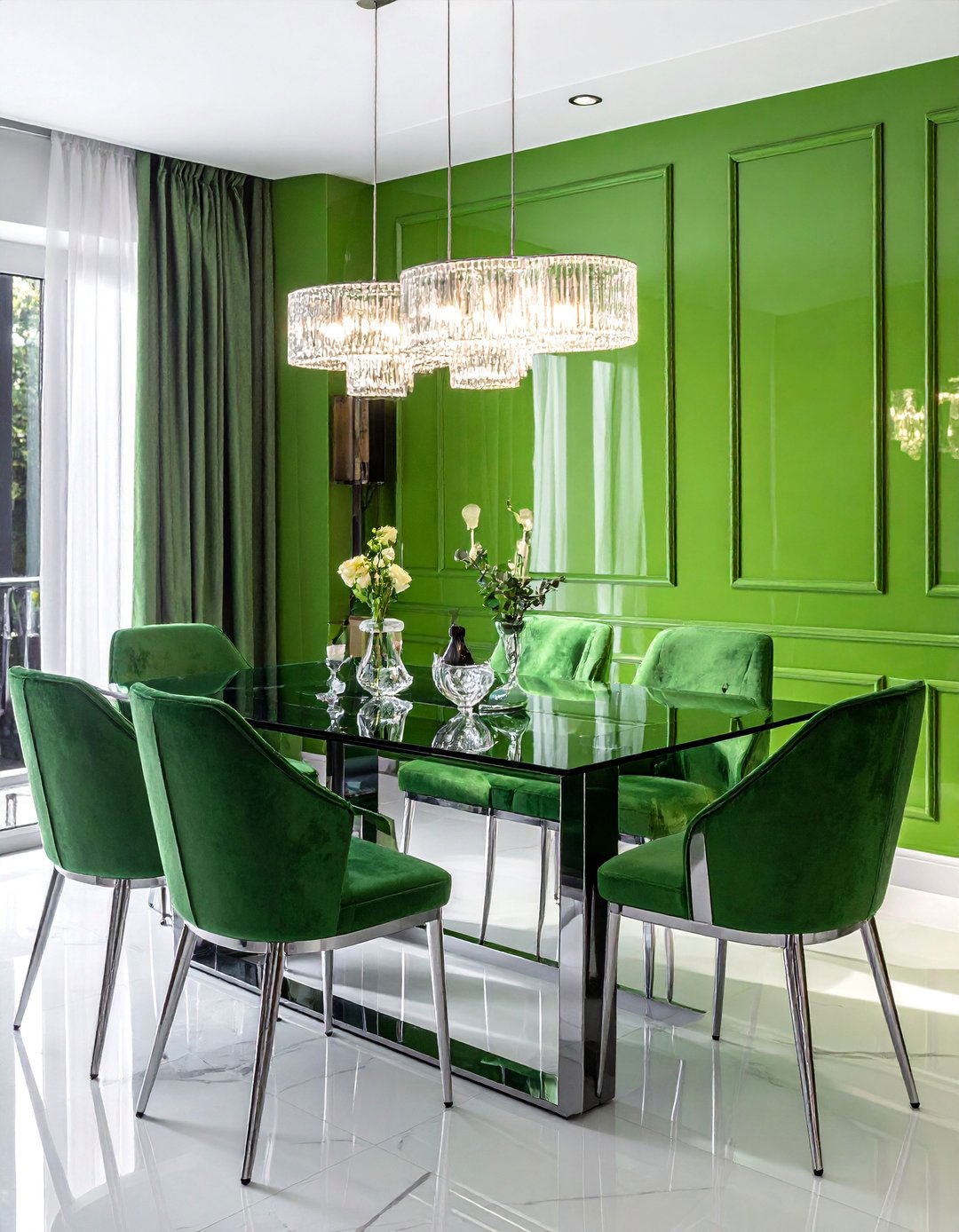 Kelly Green Dining Room with High Gloss Lacquer Finish - 40 Green Dining Room Ideas for a Fresh Look