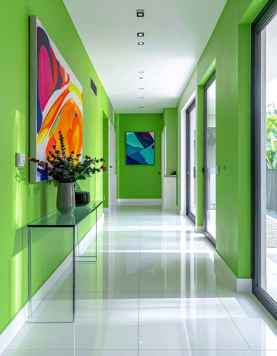 Kelly Green Hallway with Pop Art Decor - 20 Green Hallway Ideas for a Fresh and Inviting Space