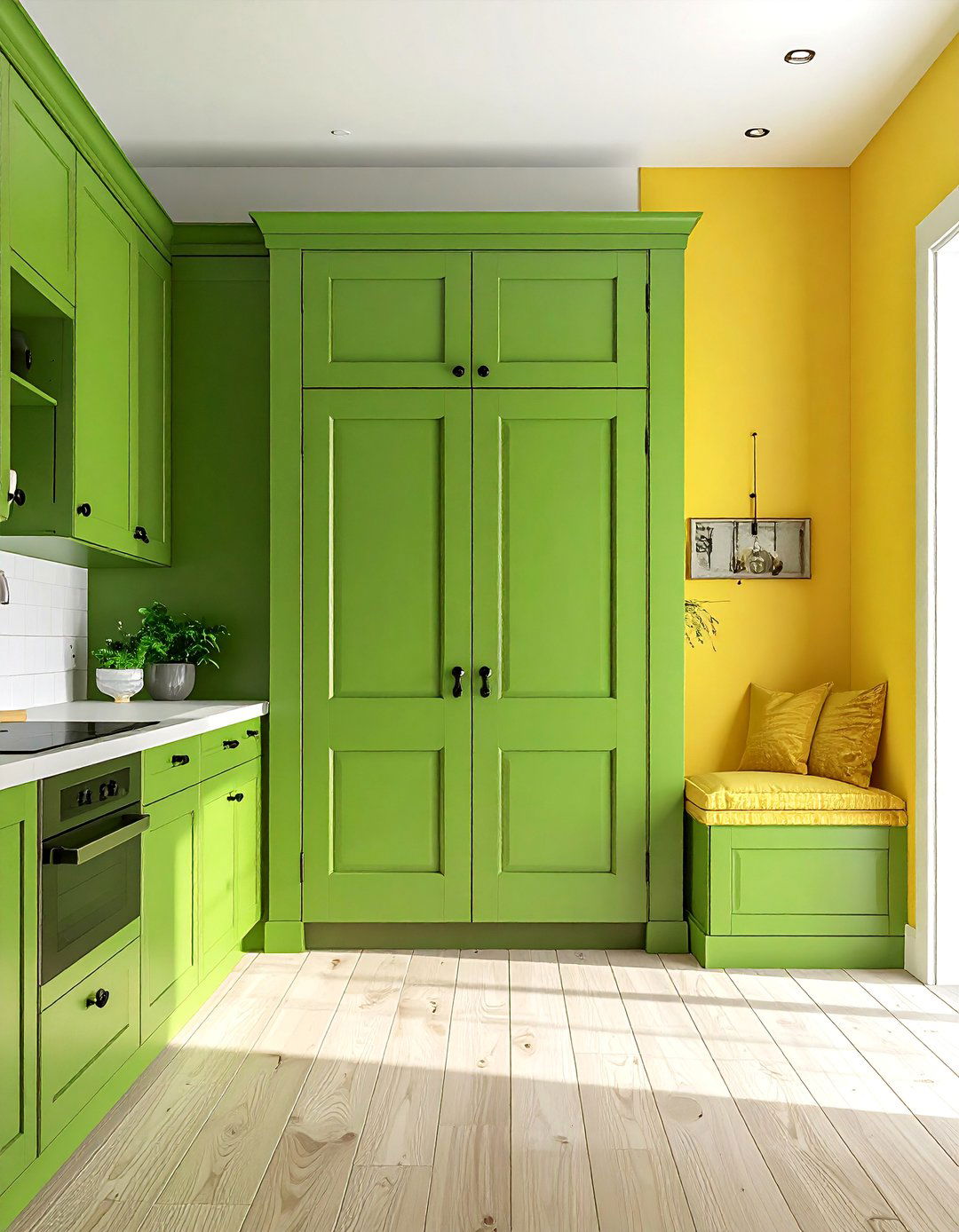 Kelly Green Pantry Door and a Soft Yellow Kitchen Nook - 20 Green and Yellow Kitchen Ideas for a Fresh Look