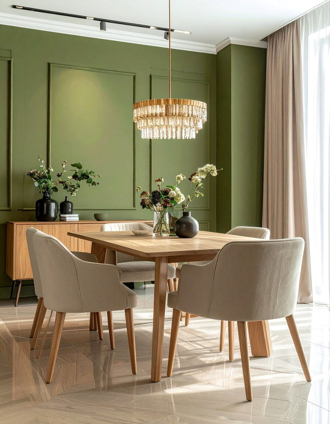 Khaki Green Dining Room with Neutral Tones - 40 Green Dining Room Ideas for a Fresh Look