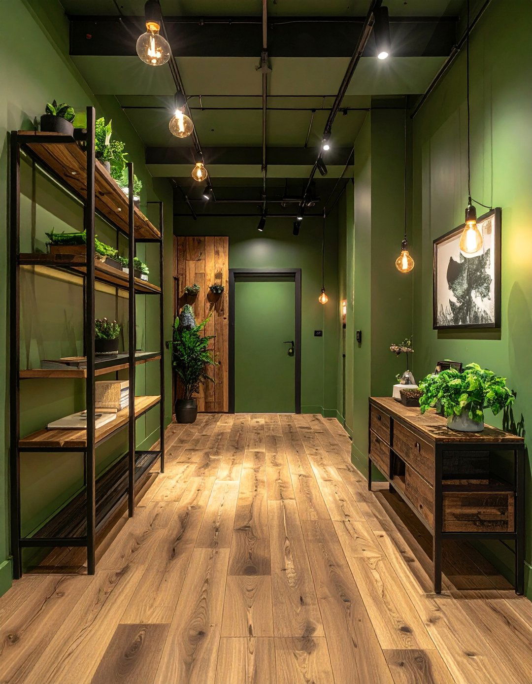 Khaki Green Hallway with Industrial Touches - 20 Green Hallway Ideas for a Fresh and Inviting Space