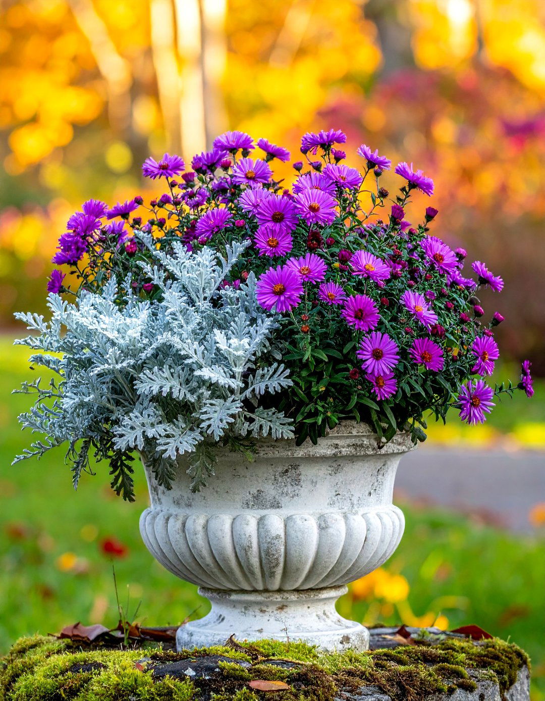 Lambs Ear and Aster Fall Planter - 40 Fall Planter Ideas to Add Seasonal Charm