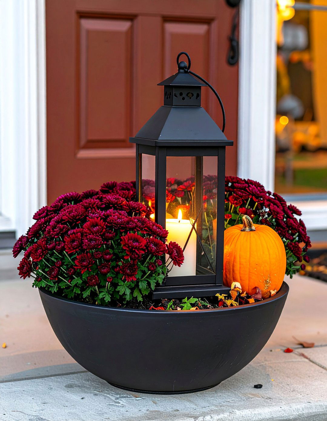 Lantern and Mum Fall Planter - 40 Fall Planter Ideas to Add Seasonal Charm