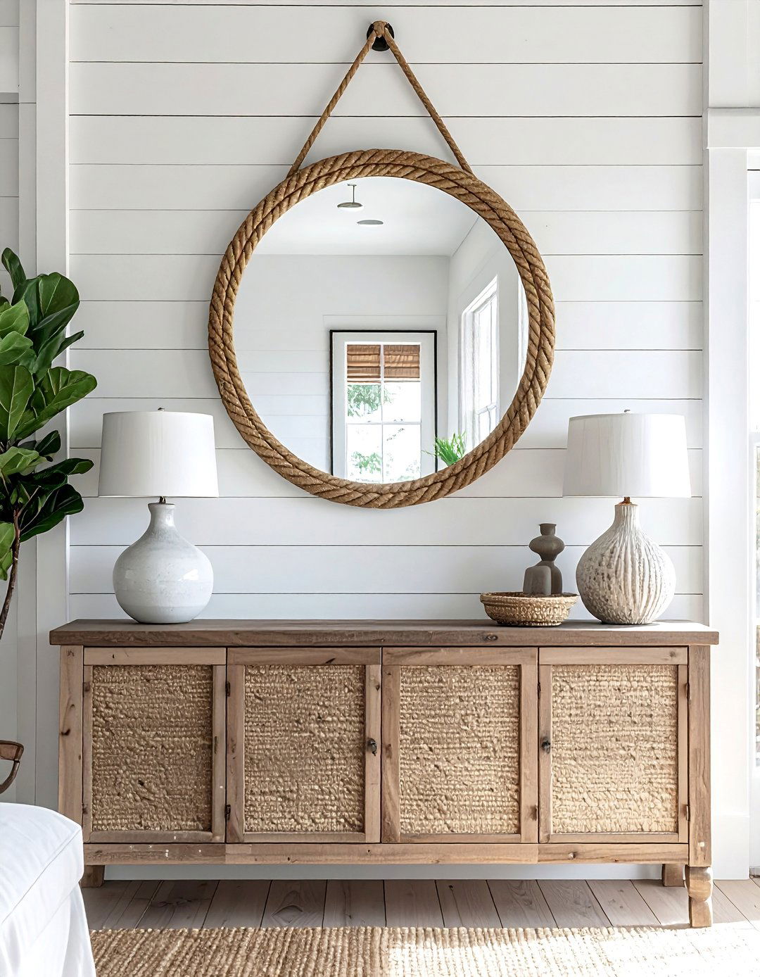 Large Round Mirror with a Rope Frame - 20 Coastal Dining Room Ideas for a Beachy Vibe