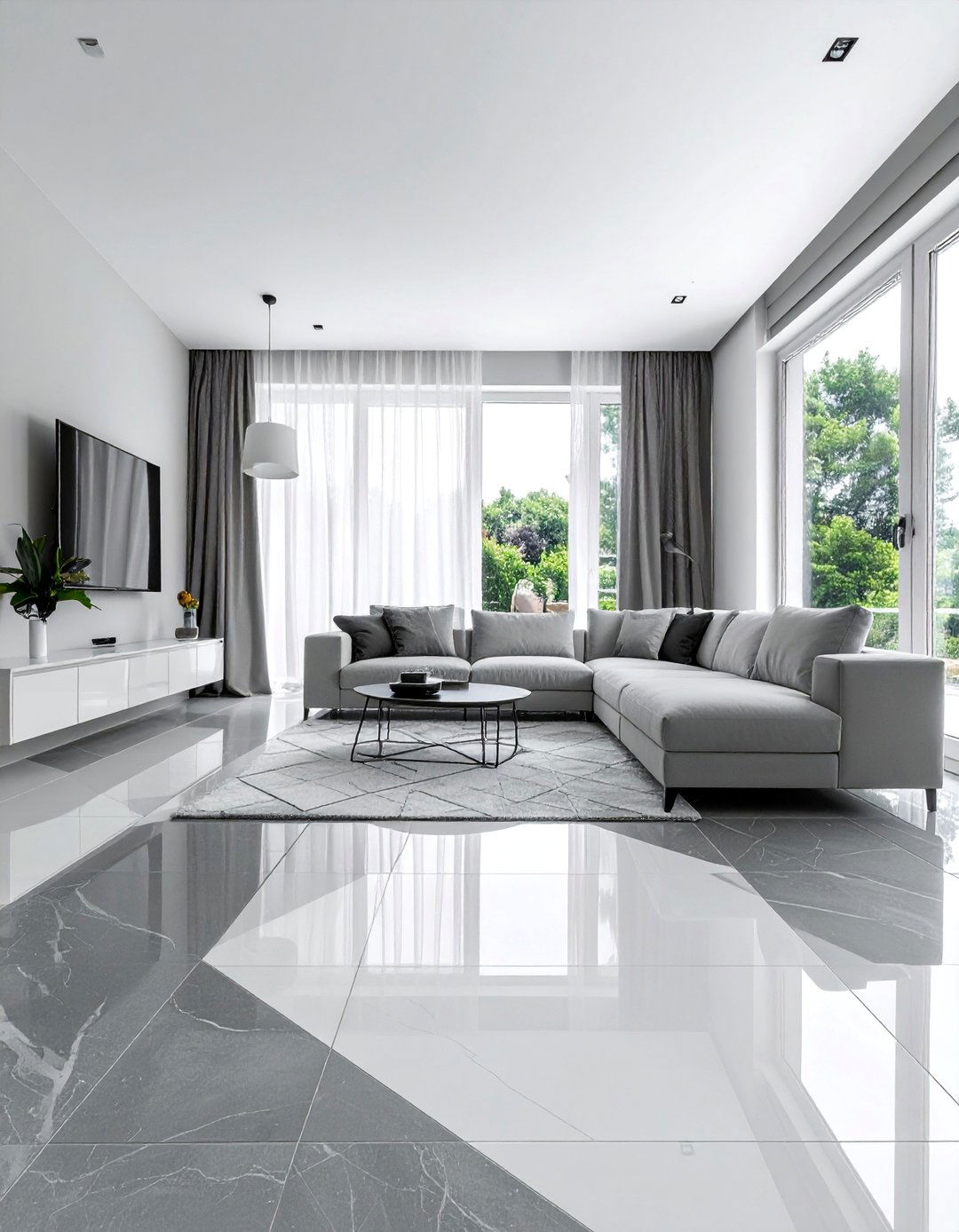 Large Scale Patterned Grey Tile Flooring - 25 Grey Flooring Living Room Ideas for Modern Homes