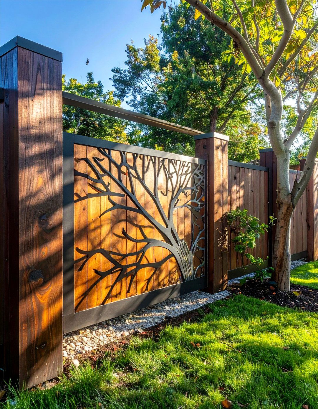 Laser Cut Metal Art Panels with Wood Posts - 25 Metal and Wood Fence Ideas for Your Outdoor Space