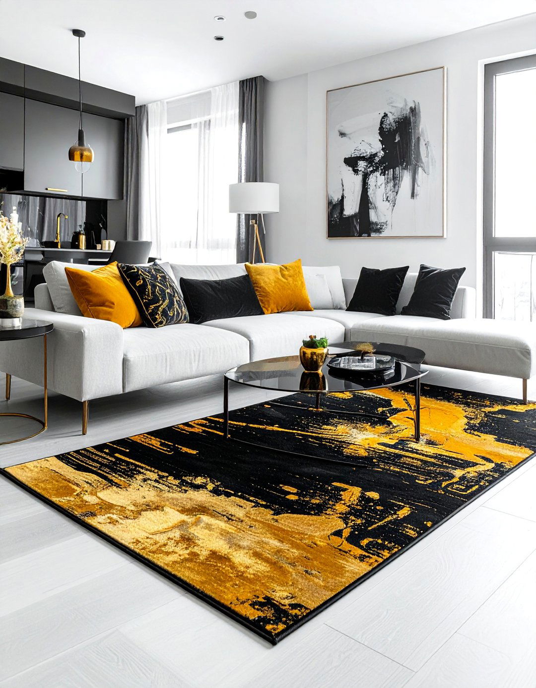 Layered Black and Gold Area Rugs - 40 Black and Gold Living Room Ideas for Luxurious Spaces