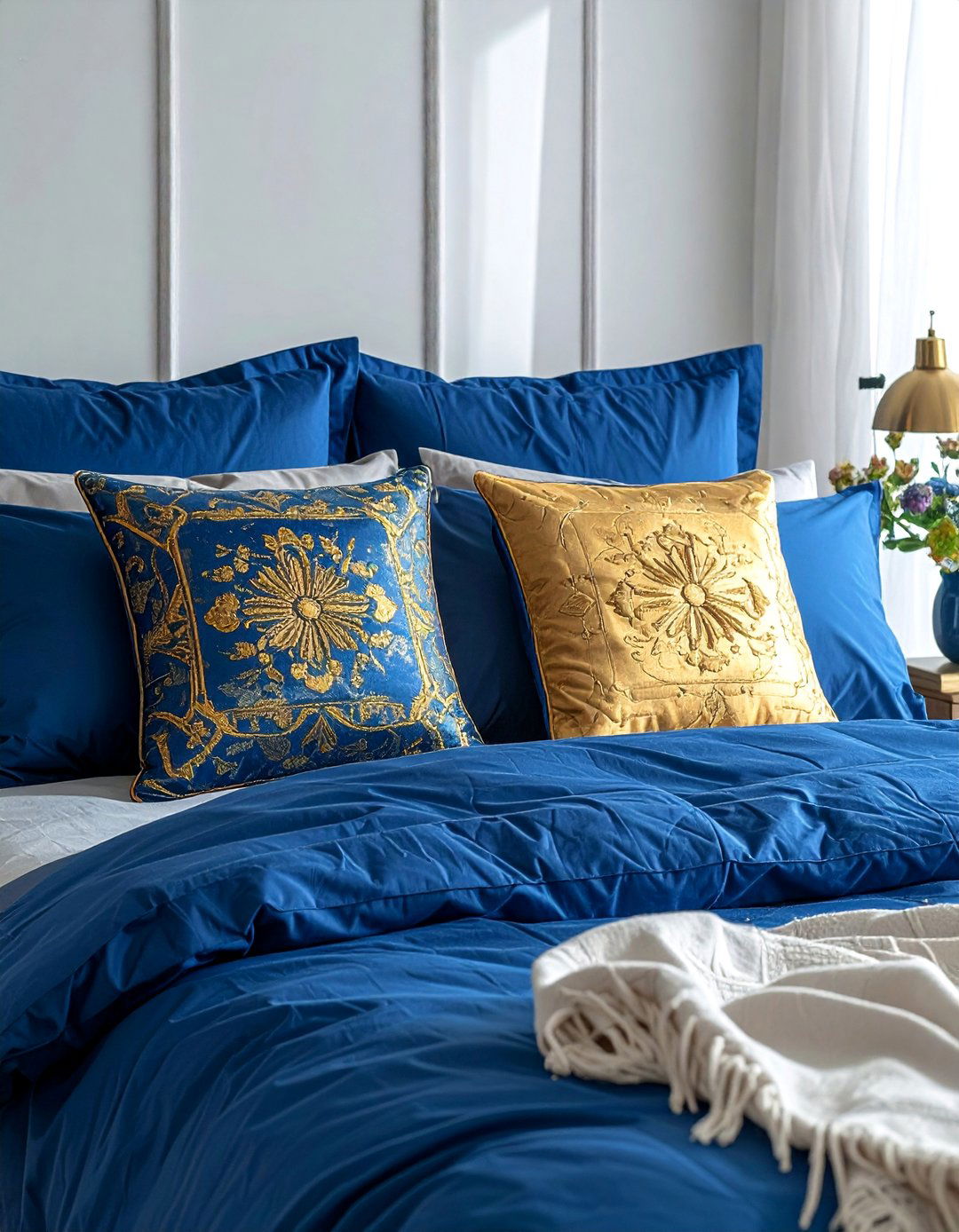 Layered Blue Bedding with Gold Embroidered Pillows - 20 Blue and Gold Bedroom Ideas for a Luxurious Look