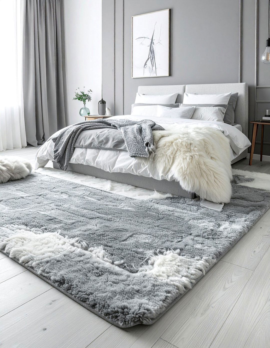 Layered Grey and White Rugs - 40 Grey and White Bedroom Ideas for a Serene Retreat
