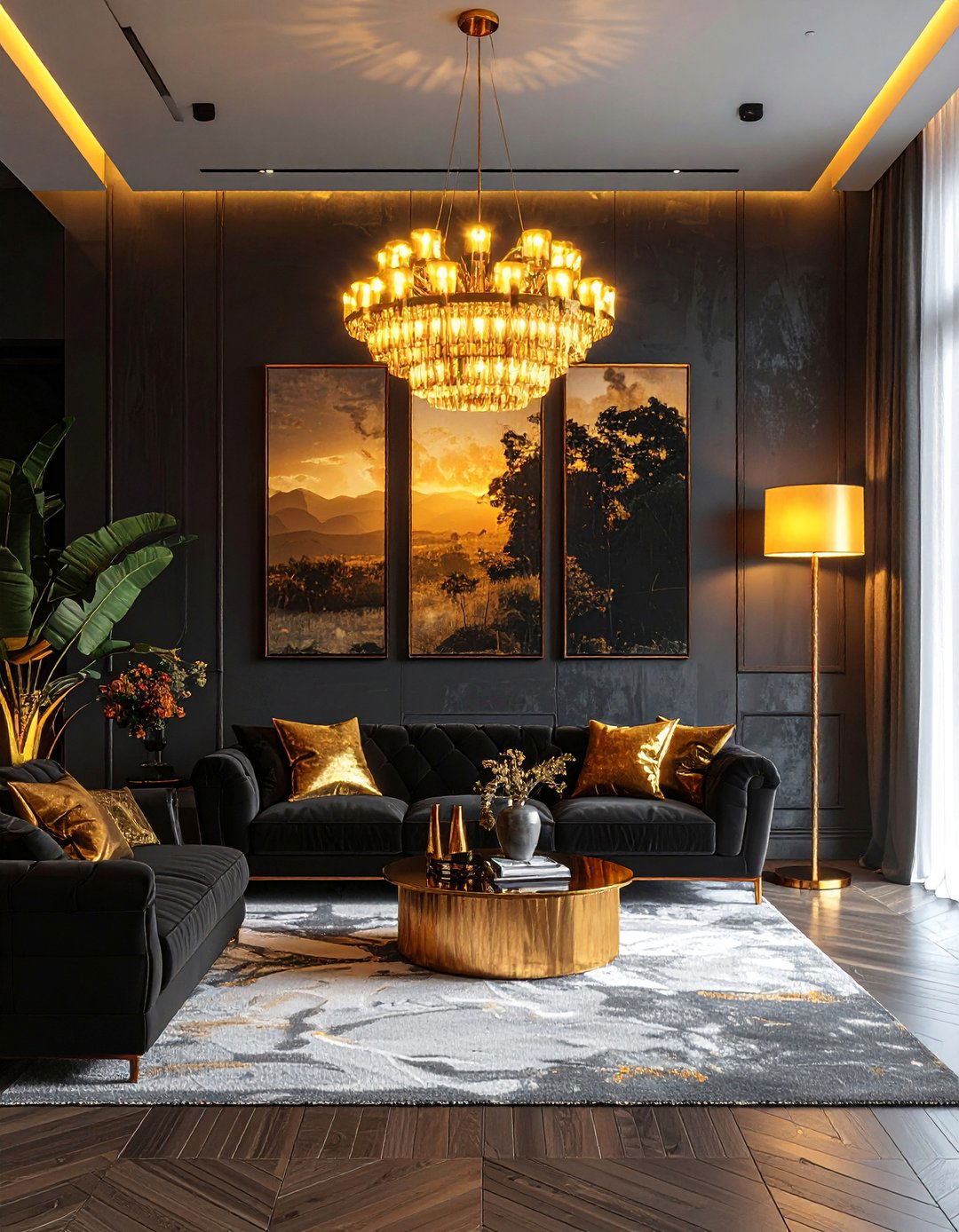 Layered Lighting with Gold Fixtures - 40 Black and Gold Living Room Ideas for Luxurious Spaces