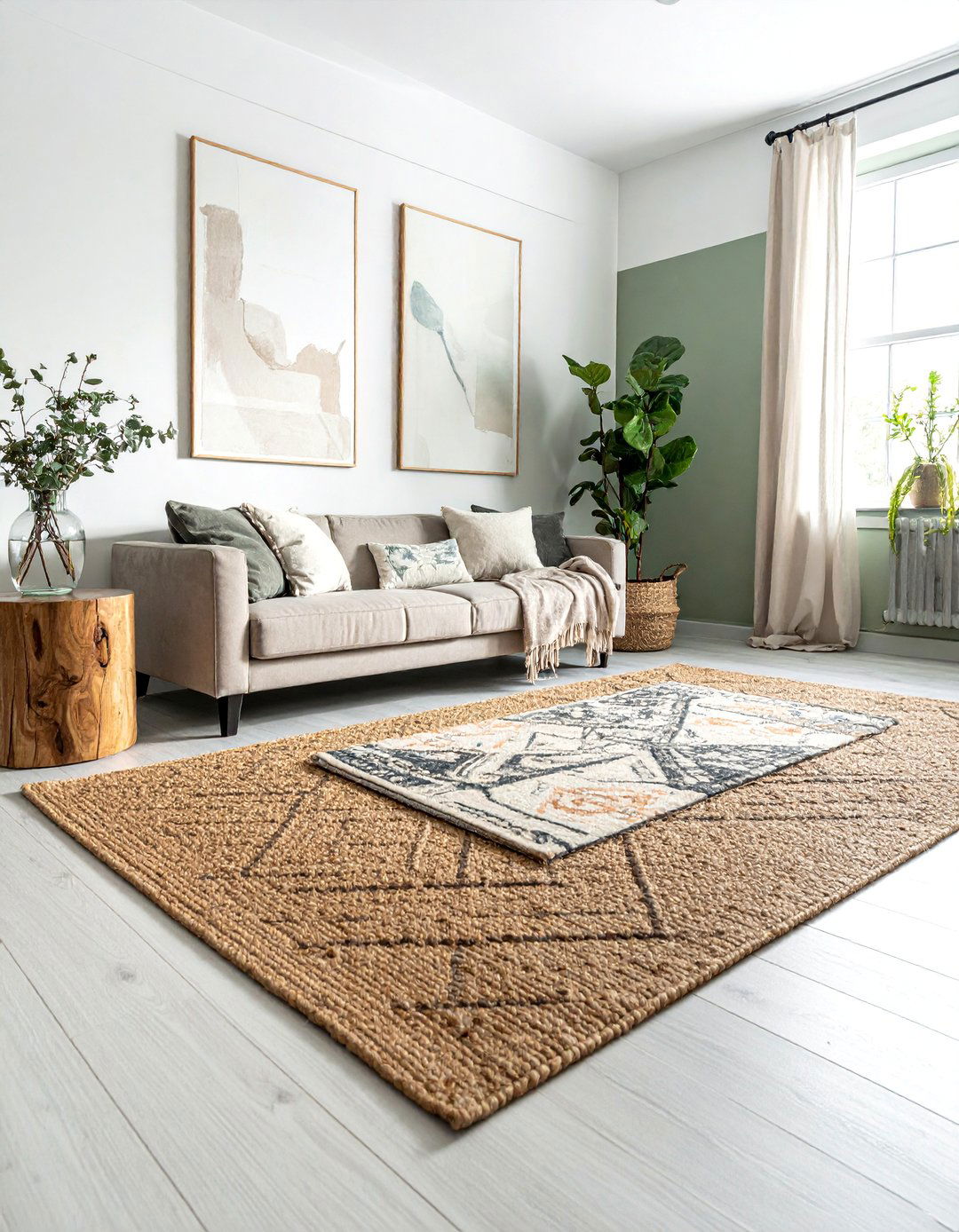 Layered Natural Fiber Rugs in a Rustic Sage Green Living Room - 25 Rustic Sage Green Living Room Ideas for Serenity