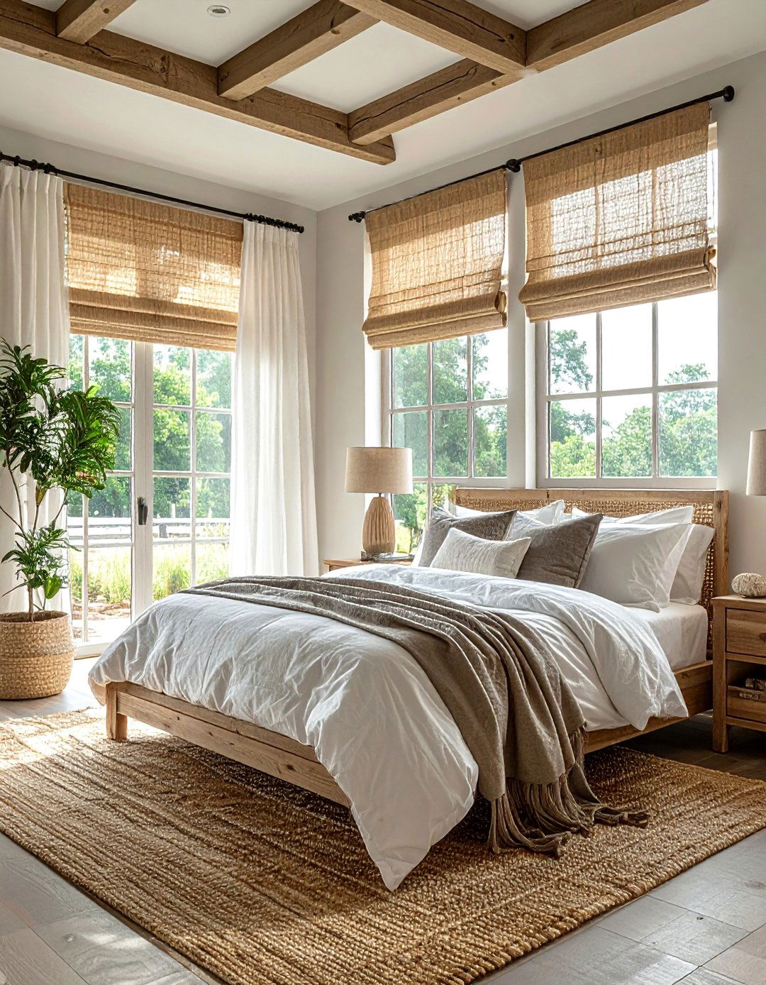 Layered Natural Woven Shades with White Curtains - 40 Farmhouse Window Treatment Ideas for a Cozy Home