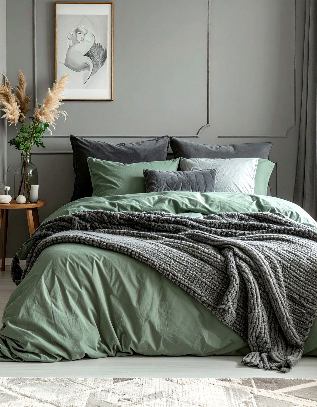 Layered Sage Green and Grey Textiles - 25 Sage Green and Grey Bedroom Ideas for a Relaxing Retreat