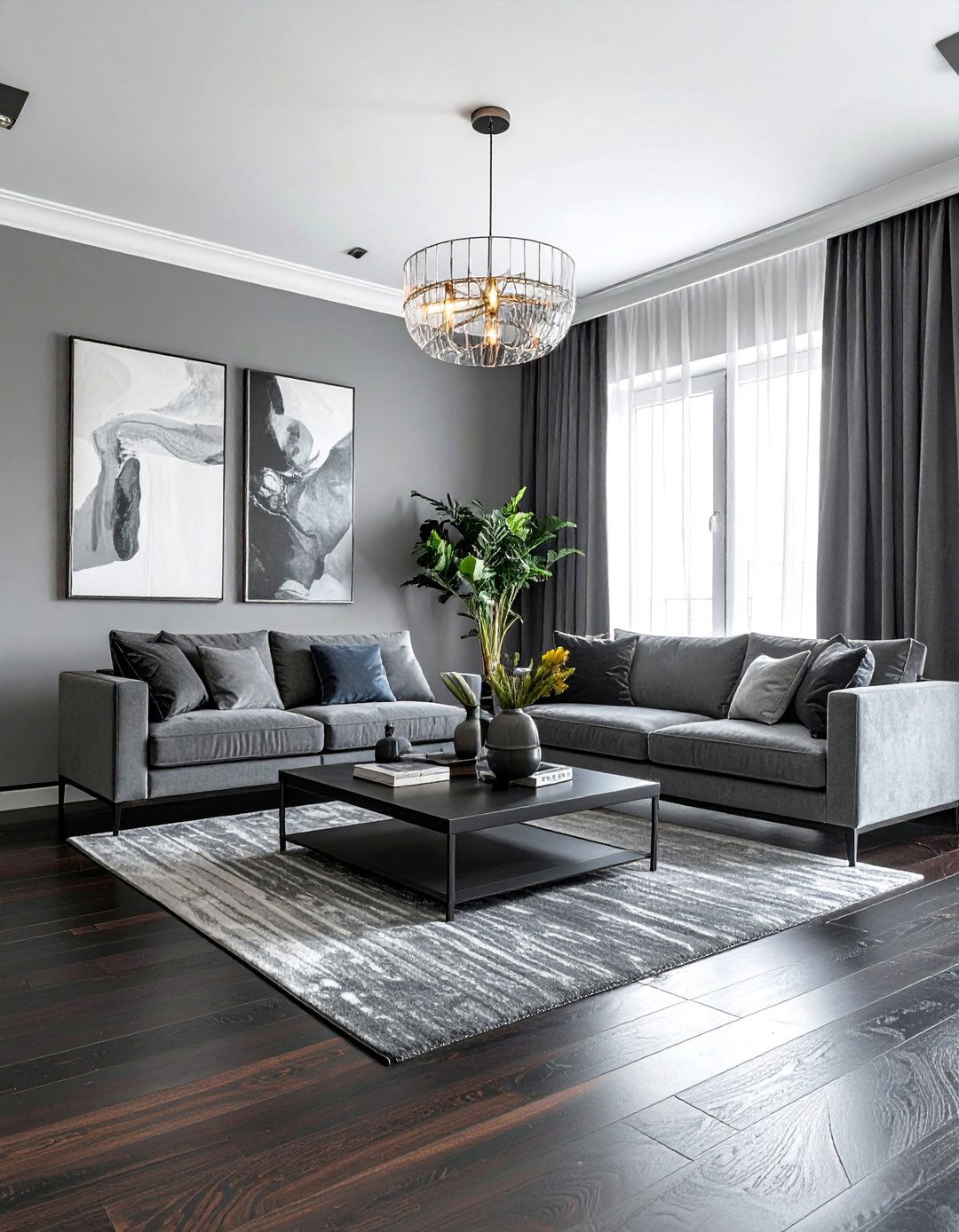 Layering Shades of Grey for a Monochromatic Look - 20 Grey Living Room With Dark Wood Floors Ideas