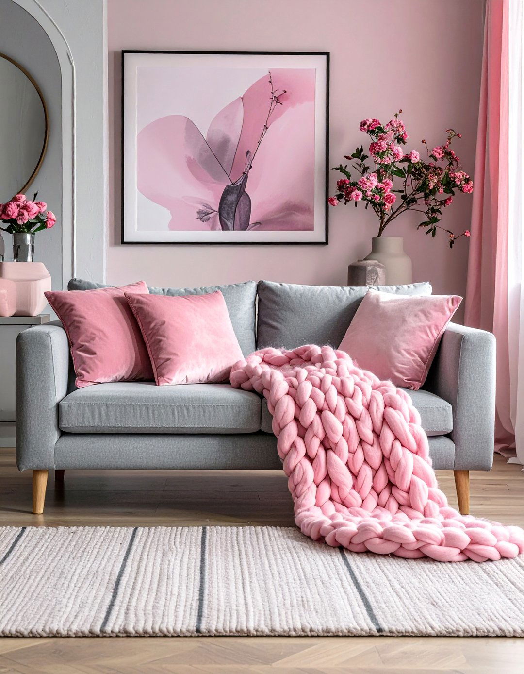 Layering Textures in a Pink and Grey Palette - 25 Pink and Grey Living Room Ideas for a Modern Look
