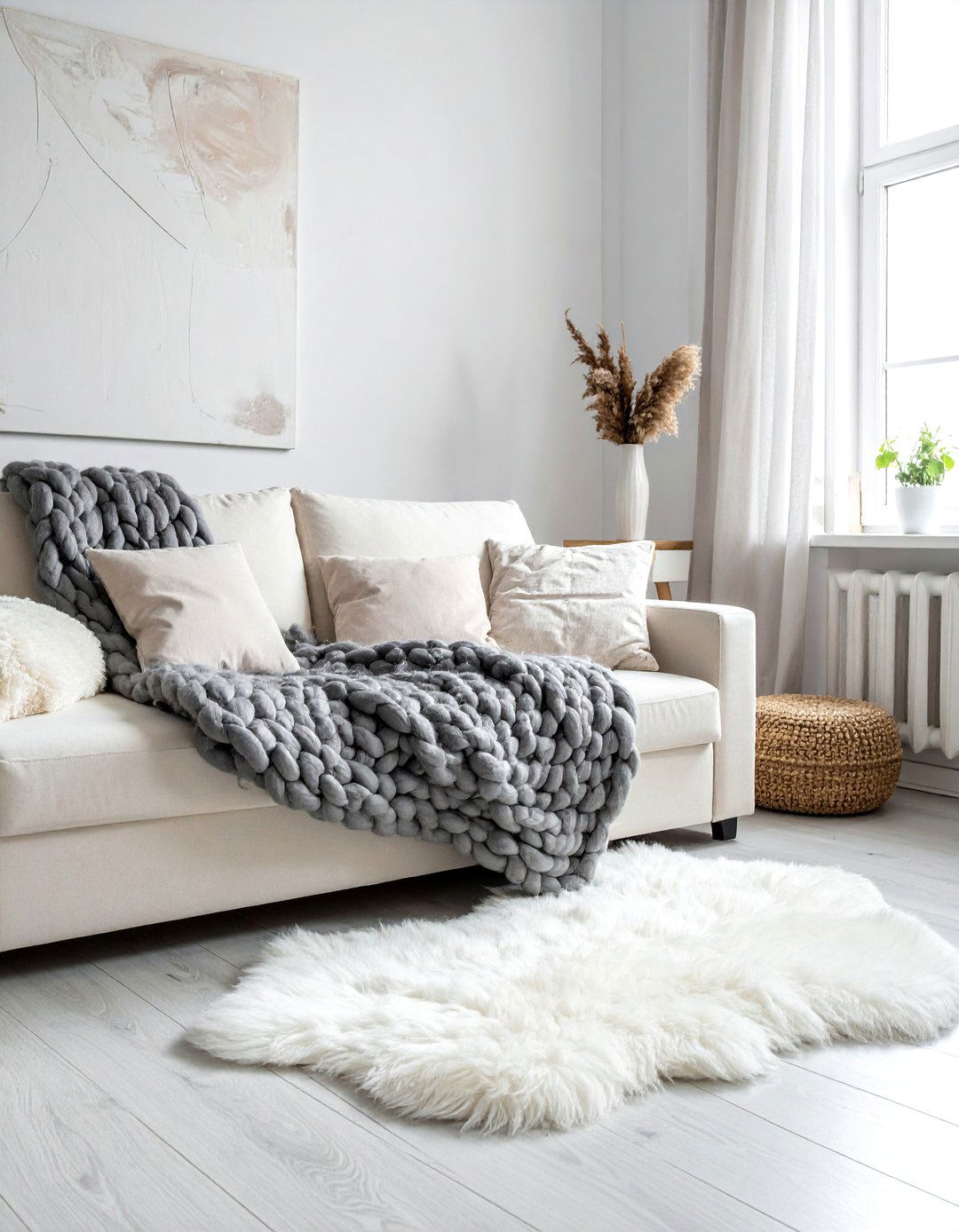 Layering Textures with Chunky Knit Throws and Sheepskin Rugs - 30 Rustic Scandinavian Living Room Ideas for a Cozy Vibe