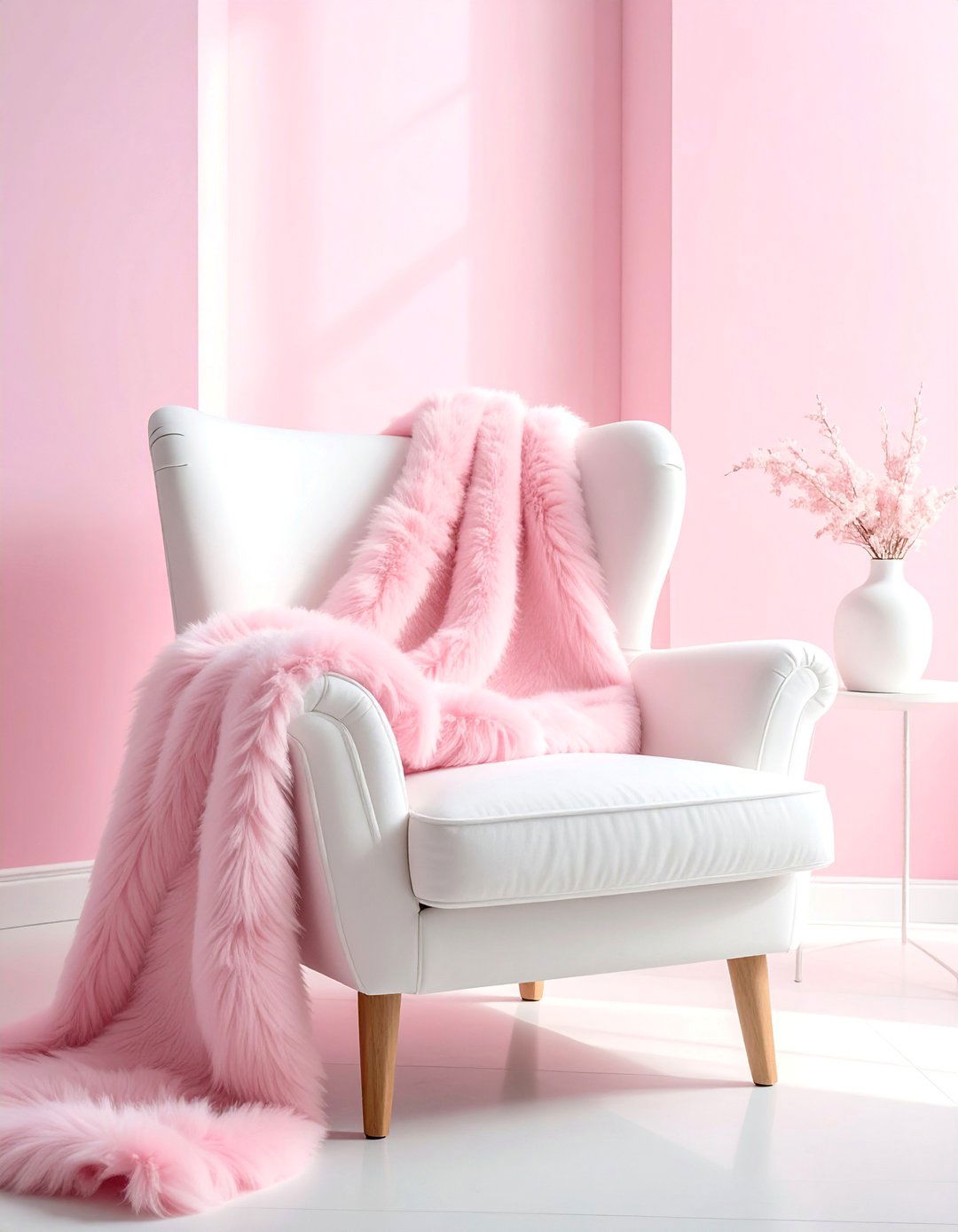 Layering Textures with a Pink Faux Fur Throw - 20 Pink and White Living Room Ideas for a Cozy Look