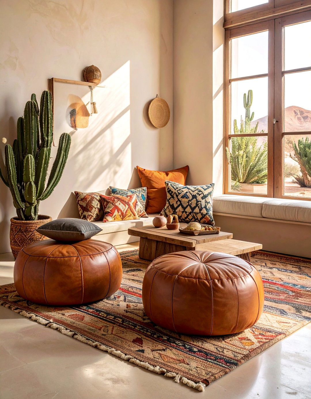 Leather Poufs and Floor Cushions - 20 Bohemian Desert Decor Ideas for a Warm and Inviting Home