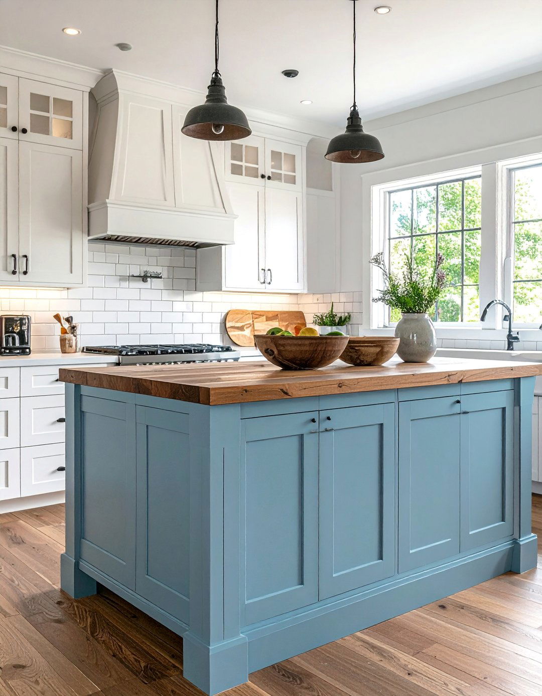 Light Blue Farmhouse Island with a Butcher Block Top - 30 White Kitchen Cabinets With Blue Island Design Ideas