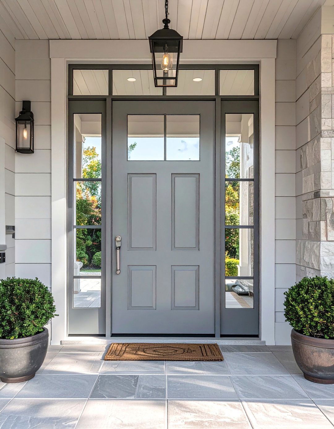 Light Dove Grey Front Door with Sidelights - 25 Grey Front Door Ideas for a Stylish Entrance