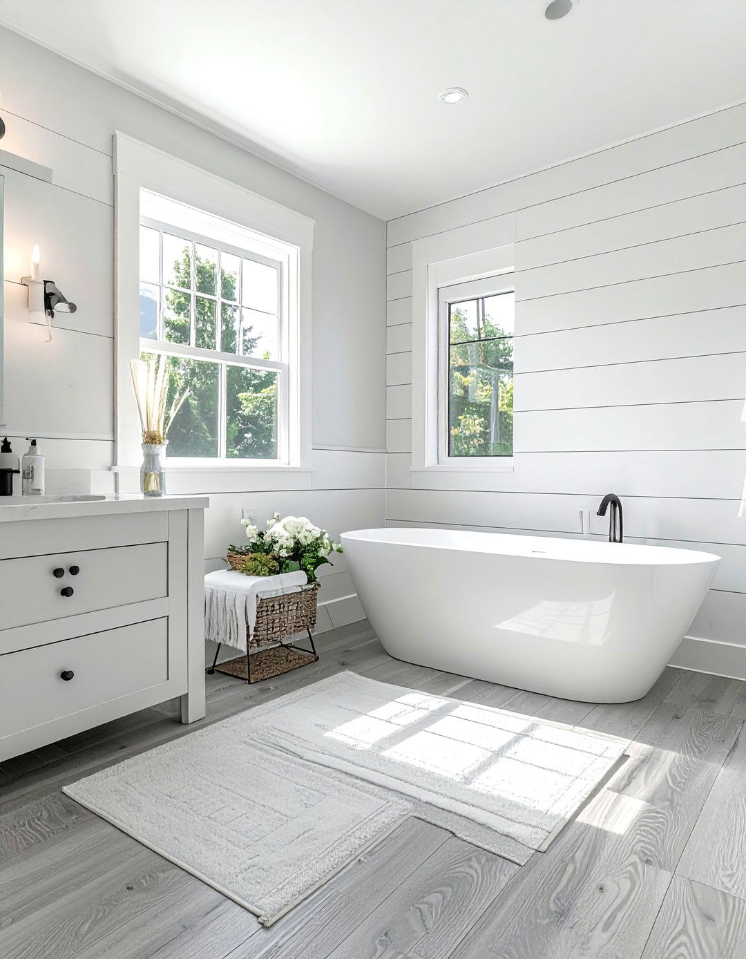 Light Gray Wood Look Plank Bathroom - 25 Gray Floor Bathroom Ideas for a Modern and Sleek Look