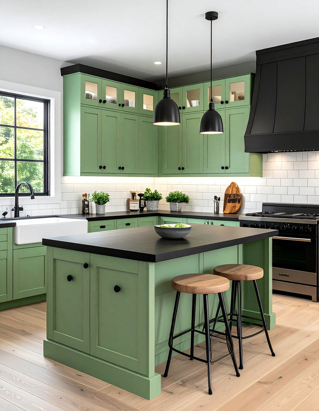 Light Green Cabinets with Black Butcher Block Countertops - 20 Green Kitchen Cabinets With Black Countertops Ideas