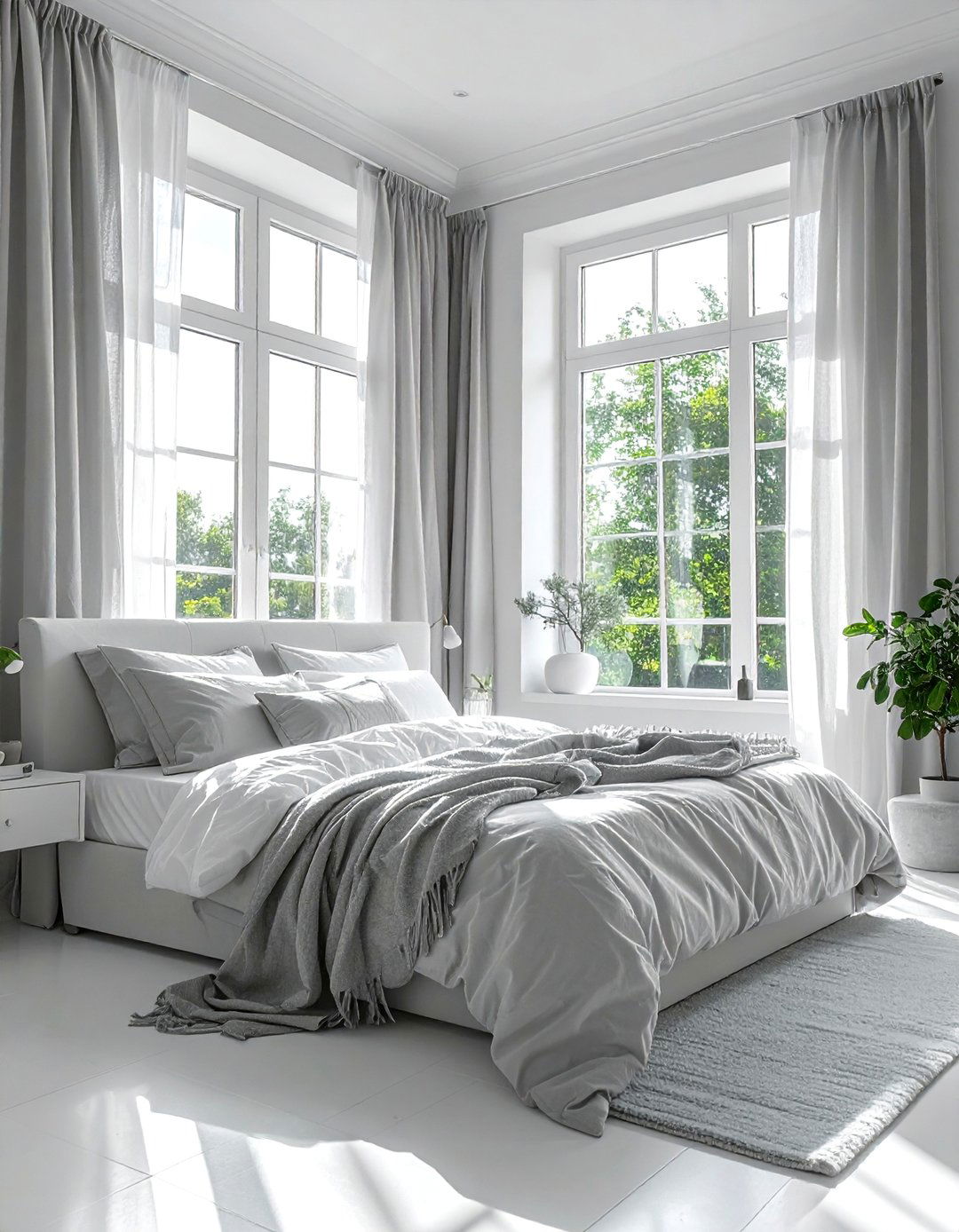 Light Grey Curtains in a White Room - 40 Grey and White Bedroom Ideas for a Serene Retreat