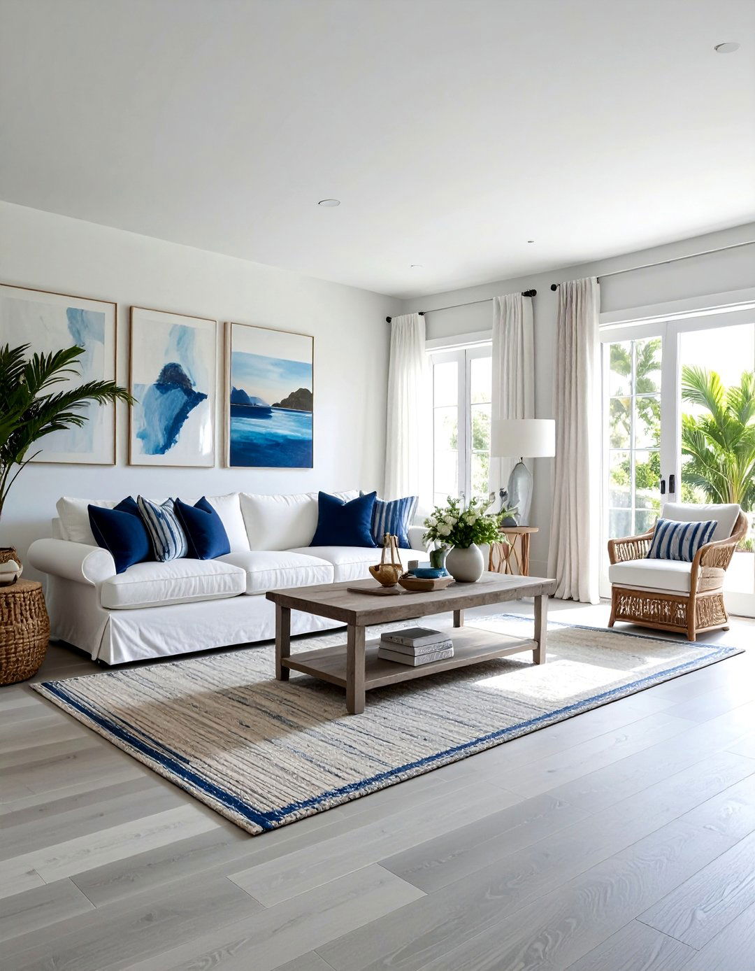 Light Grey Flooring in a Coastal Inspired Living Room - 25 Grey Flooring Living Room Ideas for Modern Homes