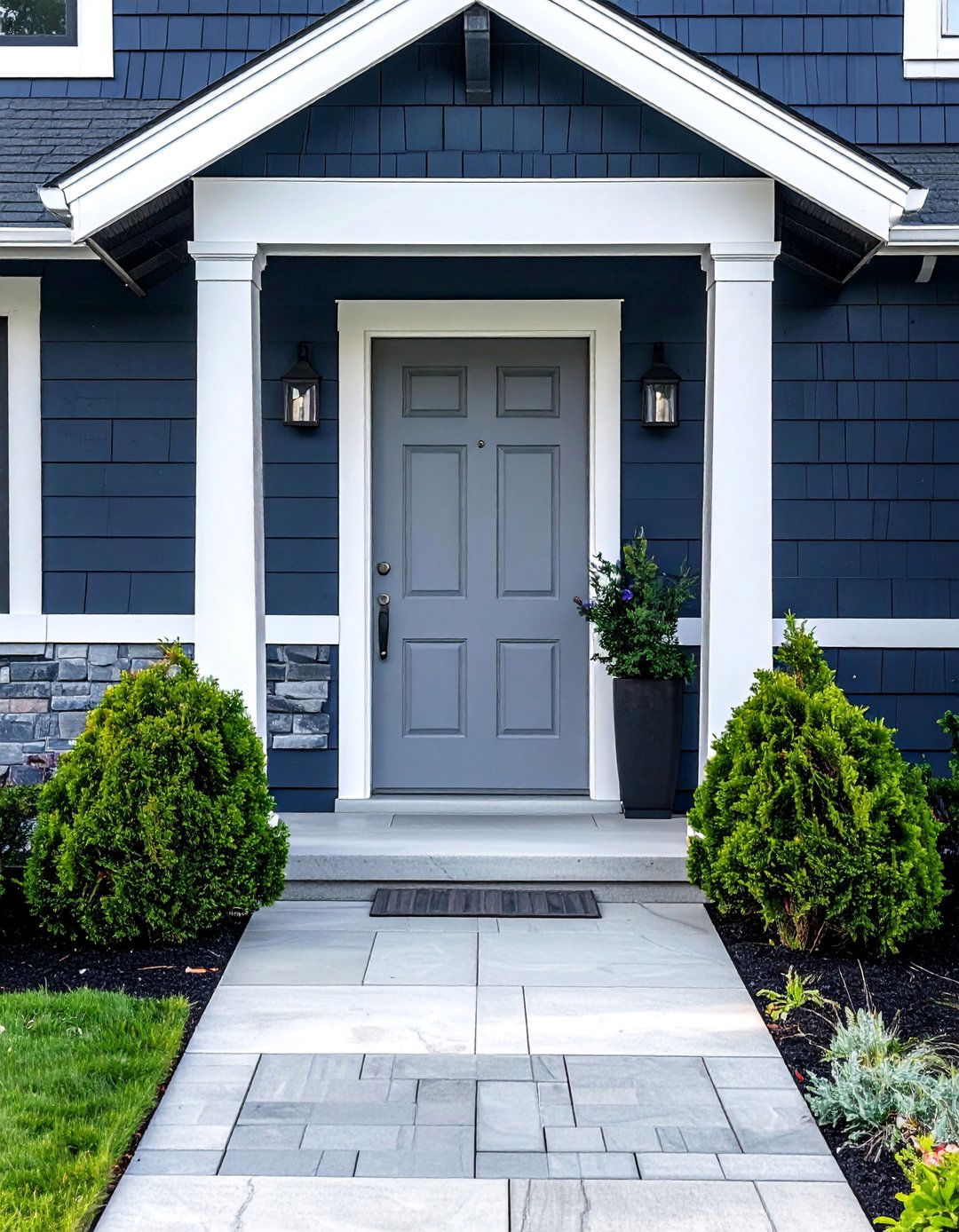 Light Grey Front Door on a Dark Siding House - 25 Grey Front Door Ideas for a Stylish Entrance