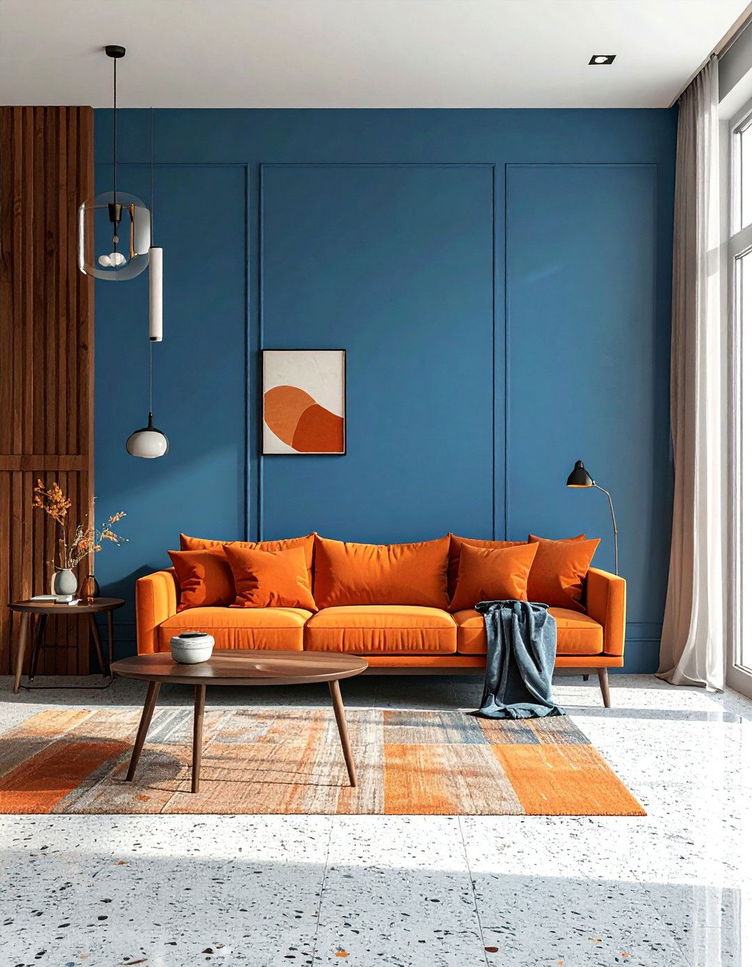 Light Grey Terrazzo Floors with Cerulean Blue Walls - 20 Grey Floor Living Room With Blue Walls Ideas