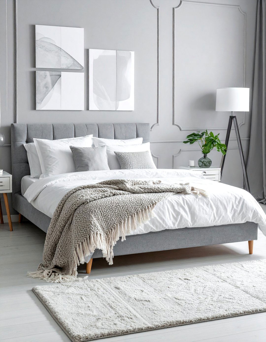 Light Grey Walls and Layered White Bedding - 40 Grey and White Bedroom Ideas for a Serene Retreat