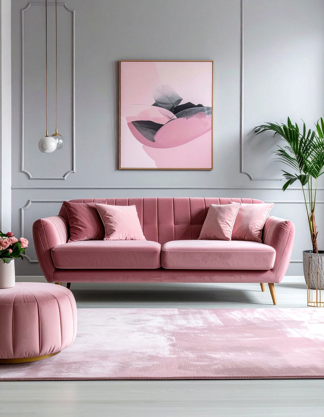 Light Grey Walls and a Dusty Rose Velvet Sofa - 25 Pink and Grey Living Room Ideas for a Modern Look