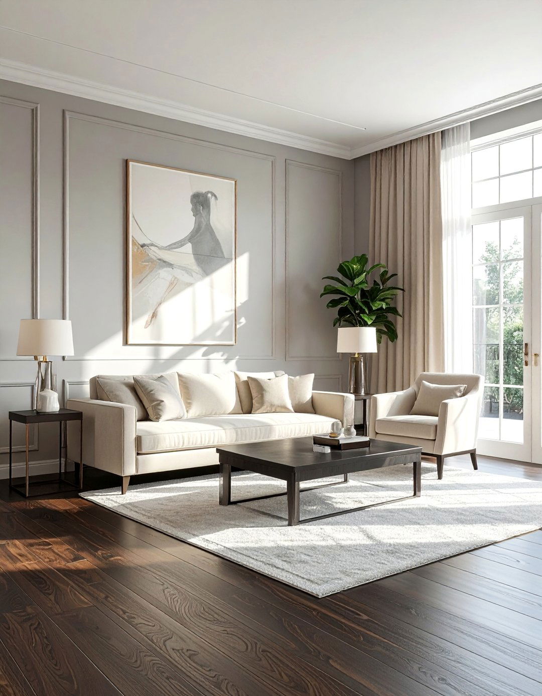 Light Grey Walls to Amplify Space - 20 Grey Living Room With Dark Wood Floors Ideas