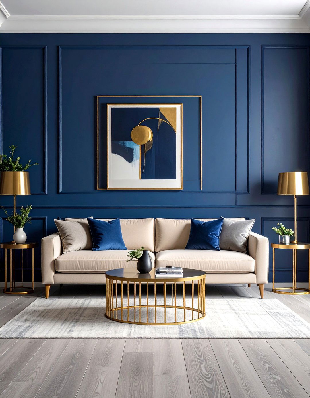 Light Grey Wood Floors with Navy Blue Accent Wall - 20 Grey Floor Living Room With Blue Walls Ideas