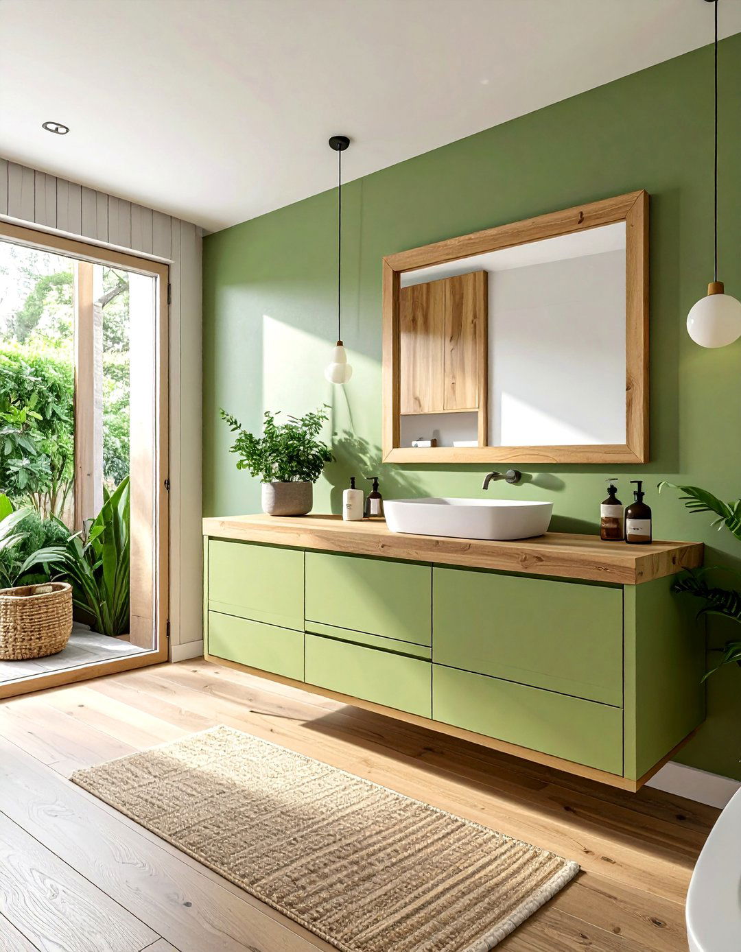 Light Moss Green Vanity with Natural Wood Accents - 15 Gorgeous Bathroom Designs Featuring Green Vanities