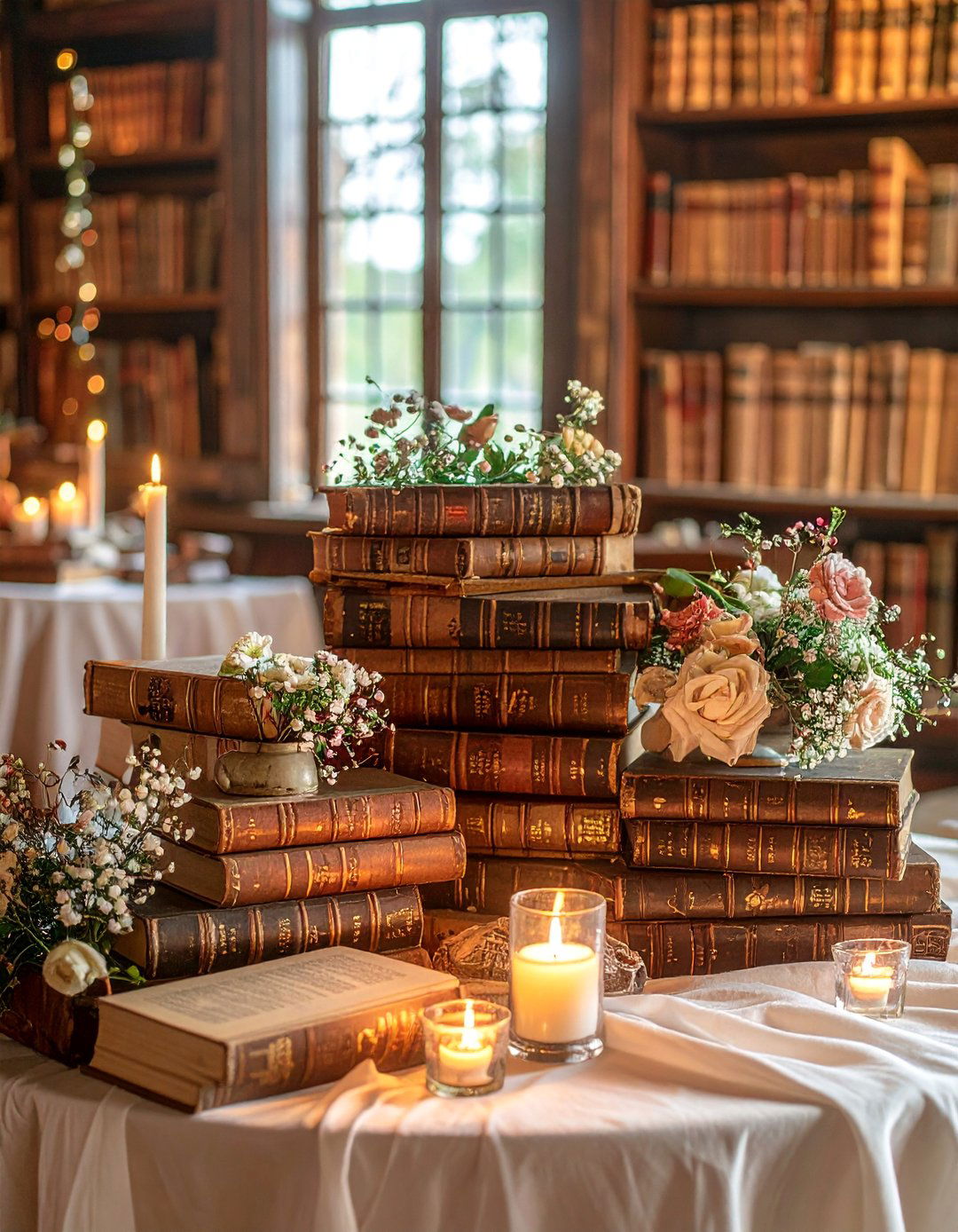 Literary Antique Book Displays - 30 Wedding Table Decoration Ideas for a Dreamy Setup