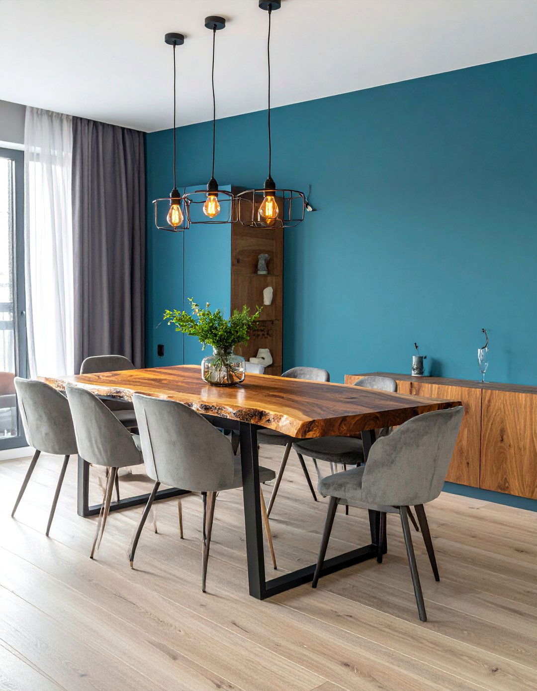 Live Edge Wood Tables with Industrial Lighting - 40 Luxurious Dining Room Ideas for Elegant Entertaining