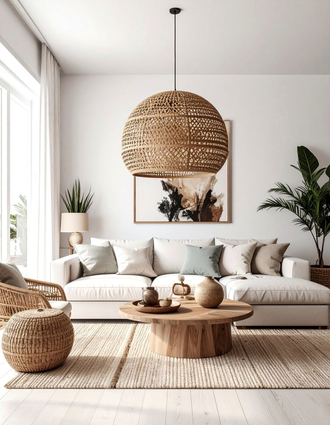 Living Room with a Woven Pendant Light - 40 Living Room Decor Ideas for a Cozy and Chic Space