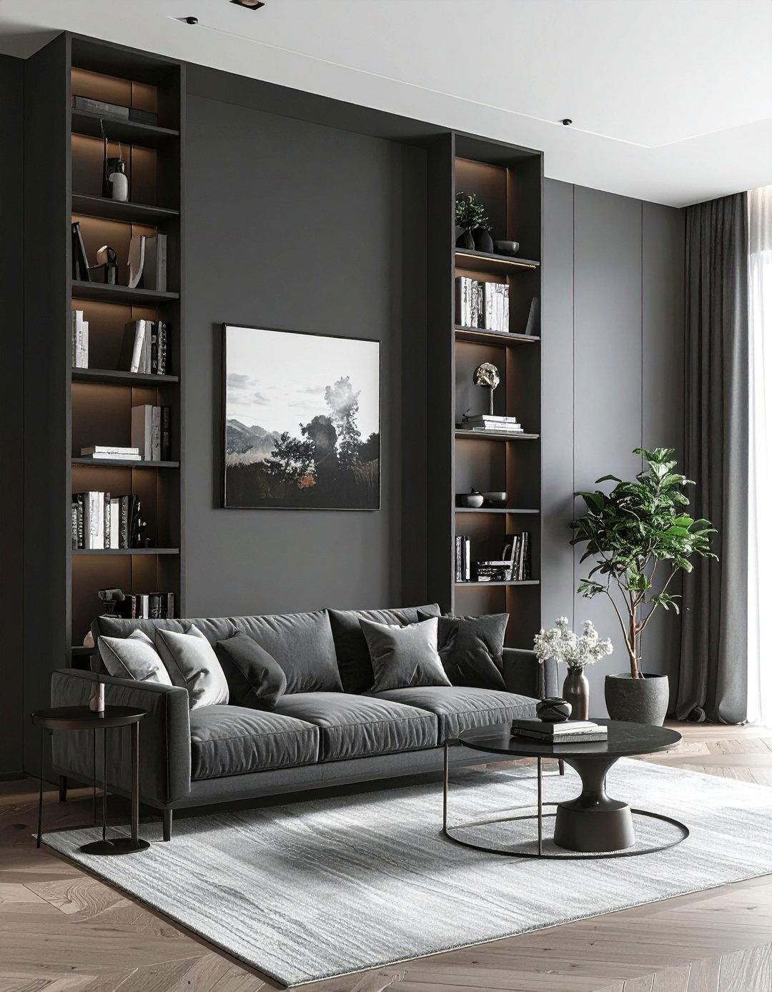 Living Room with an Integrated Bookshelf Wall - 40 Living Room Decor Ideas for a Cozy and Chic Space