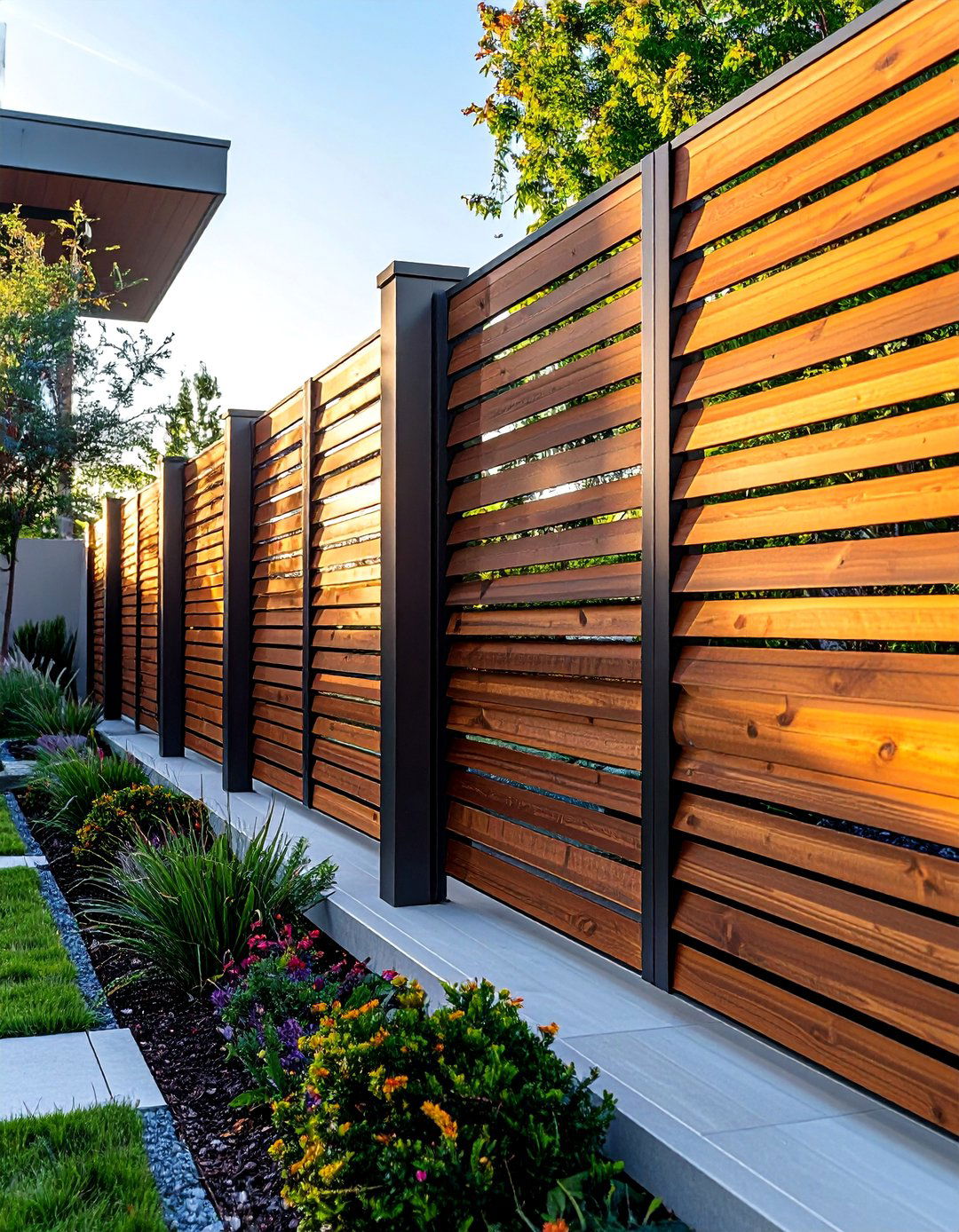 Louvered Wood Fence with Metal Accents - 25 Metal and Wood Fence Ideas for Your Outdoor Space